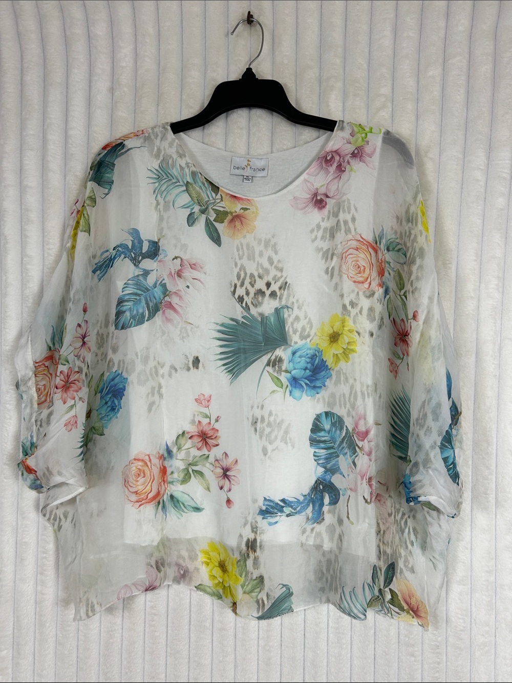 Belle France chiffon silk blend floral print, batwing blouse XL